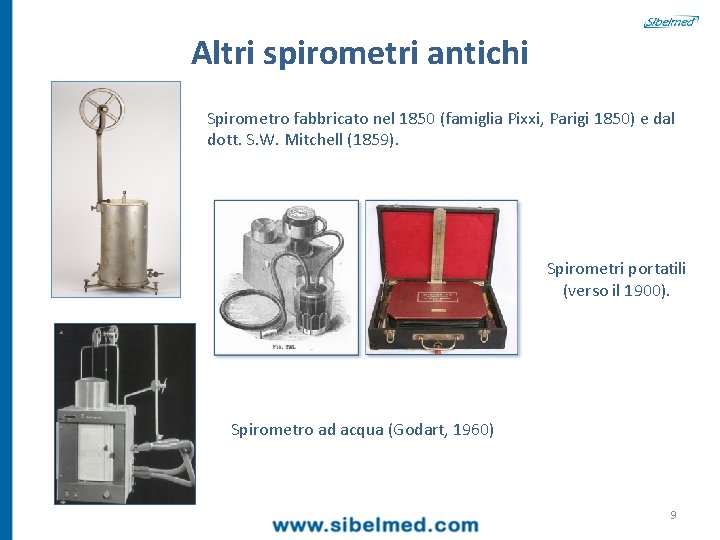 Altri spirometri antichi Spirometro fabbricato nel 1850 (famiglia Pixxi, Parigi 1850) e dal dott.