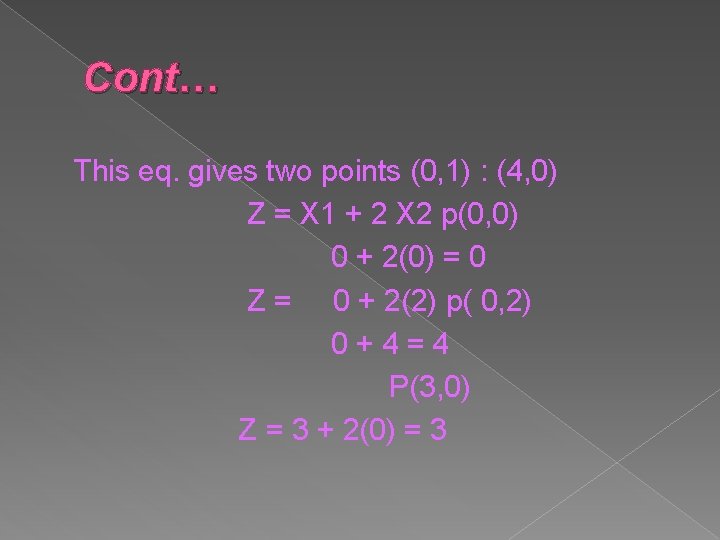 Cont… This eq. gives two points (0, 1) : (4, 0) Z = X