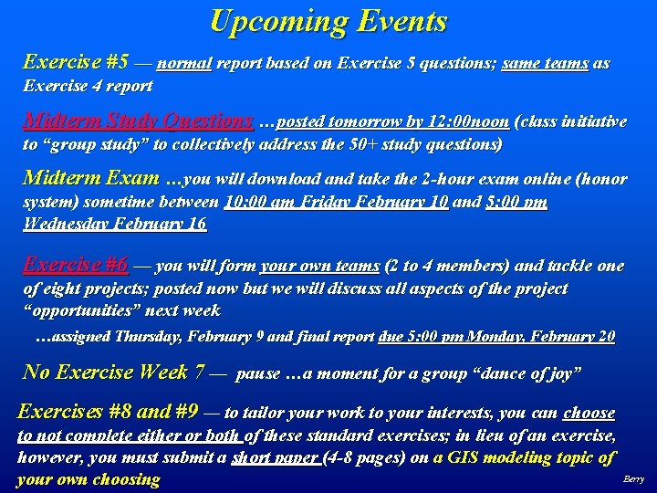 Upcoming Events Exercise #5 — normal report based on Exercise 5 questions; same teams