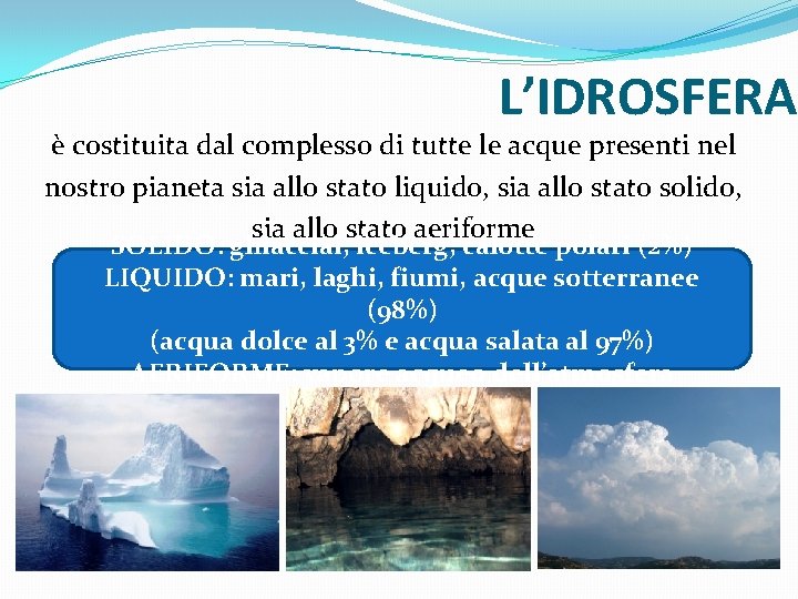 L’IDROSFERA è costituita dal complesso di tutte le acque presenti nel nostro pianeta sia