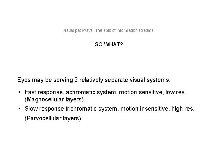 Visual pathways: The split of information streams SO WHAT? Eyes may be serving 2