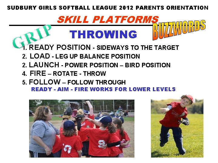 SUDBURY GIRLS SOFTBALL LEAGUE 2012 PARENTS ORIENTATION SKILL PLATFORMS THROWING 1. READY POSITION -