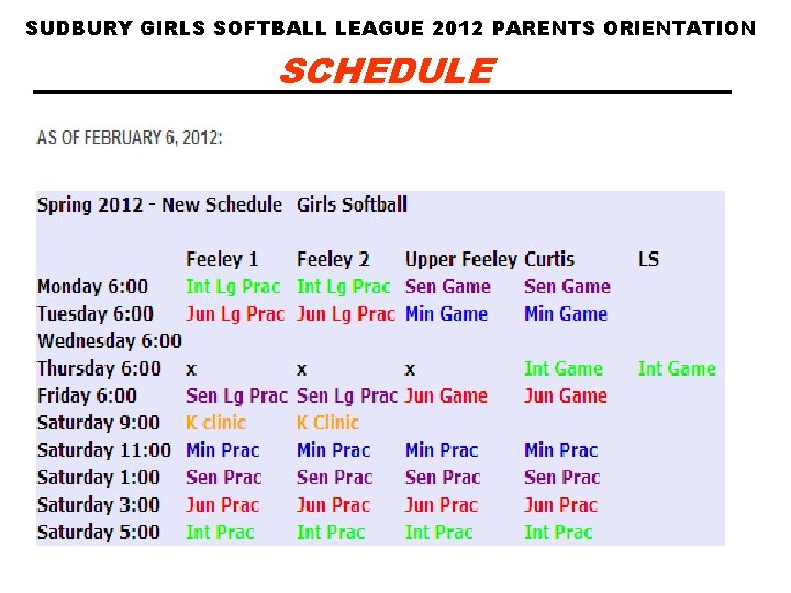 SUDBURY GIRLS SOFTBALL LEAGUE 2012 PARENTS ORIENTATION SCHEDULE 