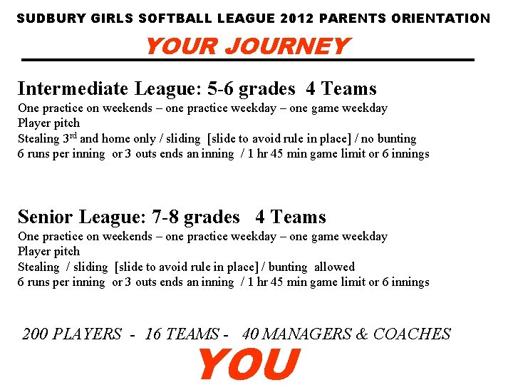 SUDBURY GIRLS SOFTBALL LEAGUE 2012 PARENTS ORIENTATION YOUR JOURNEY Intermediate League: 5 -6 grades