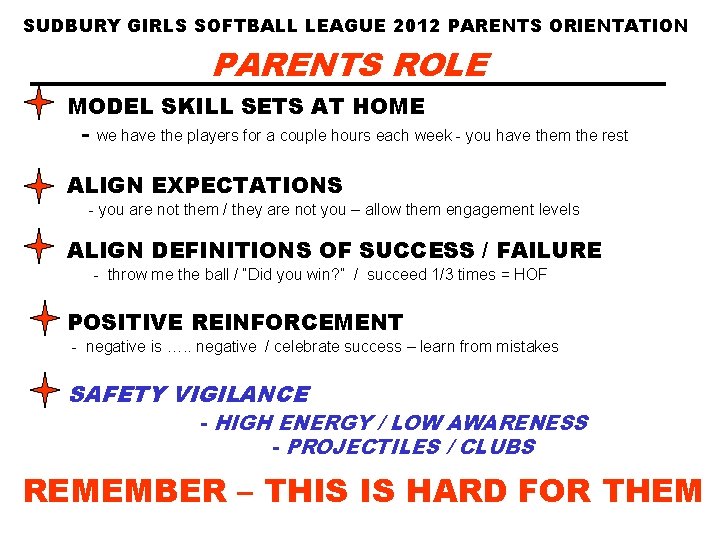 SUDBURY GIRLS SOFTBALL LEAGUE 2012 PARENTS ORIENTATION PARENTS ROLE MODEL SKILL SETS AT HOME