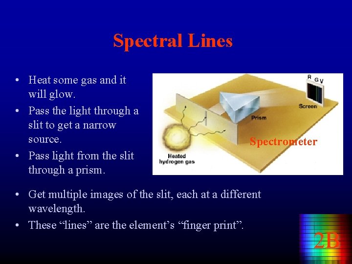 Spectral Lines • Heat some gas and it will glow. • Pass the light