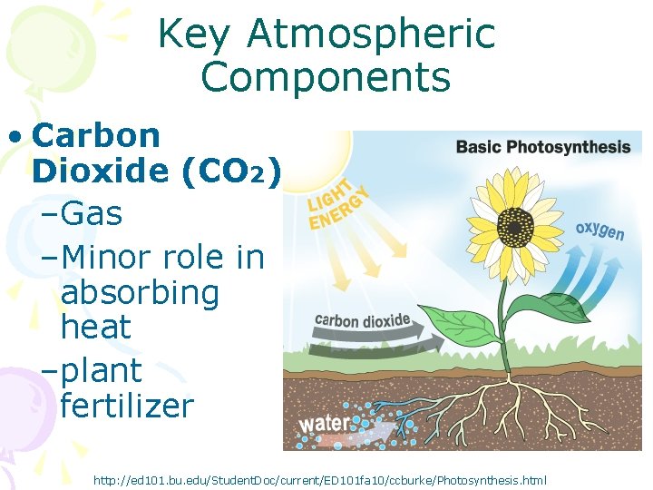 Key Atmospheric Components • Carbon Dioxide (CO 2) –Gas –Minor role in absorbing heat