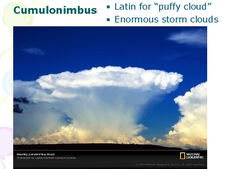 Cumulonimbus • Latin for “puffy cloud” • Enormous storm clouds 