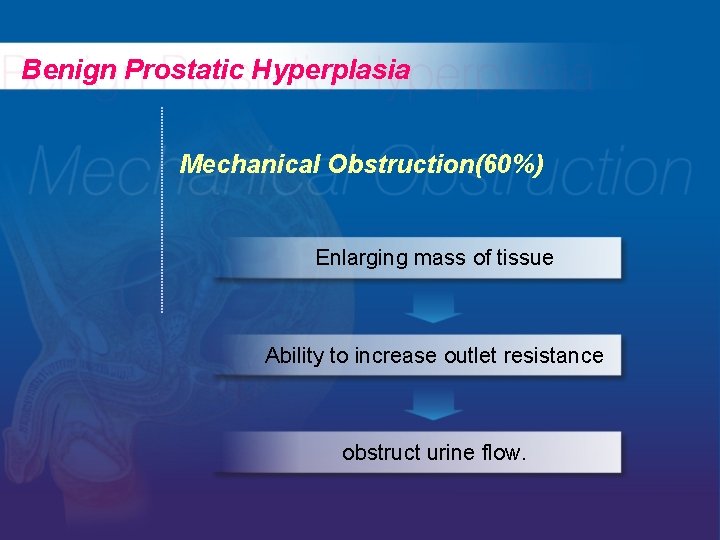 Benign Prostatic Hyperplasia Mechanical Obstruction(60%) Enlarging mass of tissue Ability to increase outlet resistance