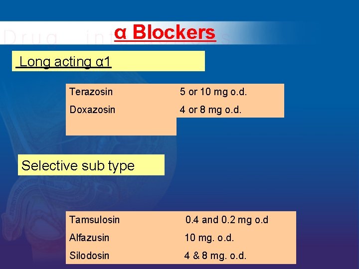 α Blockers Long acting α 1 Terazosin 5 or 10 mg o. d. Doxazosin α Blockers Long acting α 1 Terazosin 5 or 10 mg o. d. Doxazosin