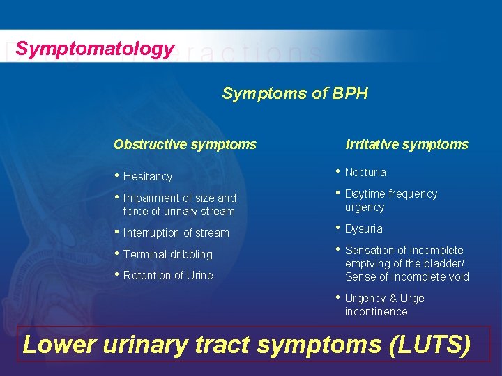 Symptomatology Symptoms of BPH Obstructive symptoms • • Hesitancy • • • Interruption of