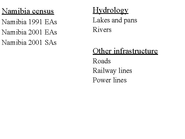 Namibia census Hydrology Namibia 1991 EAs Namibia 2001 SAs Lakes and pans Rivers Other
