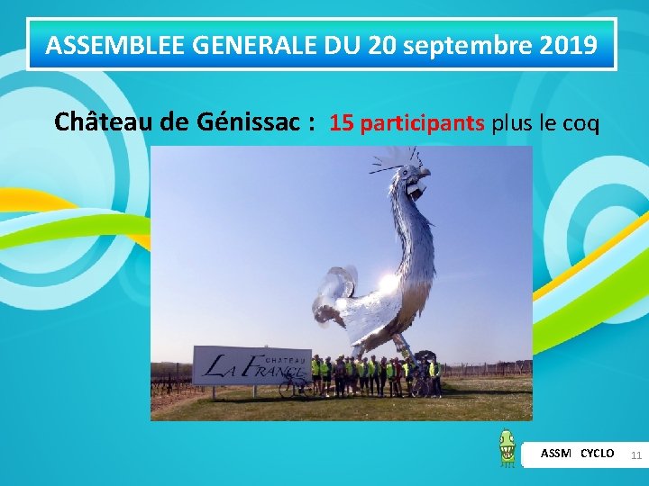 ASSEMBLEE GENERALE DU 20 septembre 2019 Château de Génissac : 15 participants plus le