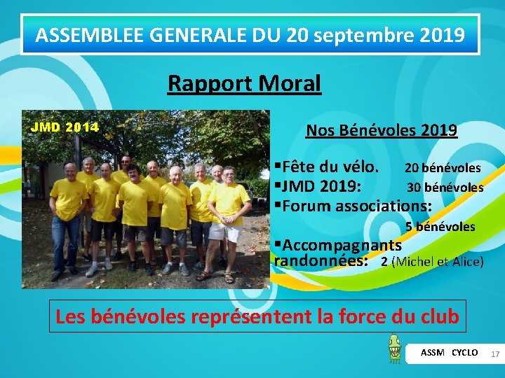 ASSEMBLEE GENERALE DU 20 septembre 2019 Rapport Moral JMD 2014 Nos Bénévoles 2019 §Fête