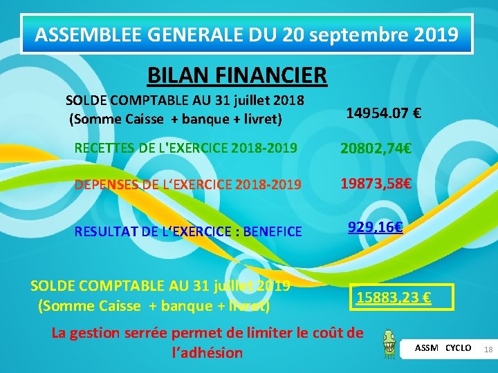 ASSEMBLEE GENERALE DU 20 septembre 2019 BILAN FINANCIER SOLDE COMPTABLE AU 31 juillet 2018