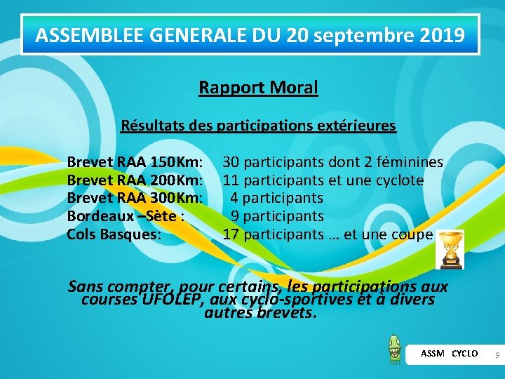 ASSEMBLEE GENERALE DU 20 septembre 2019 Rapport Moral Résultats des participations extérieures Brevet RAA