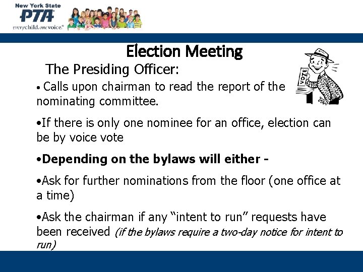 Election Meeting The Presiding Officer: Calls upon chairman to read the report of the