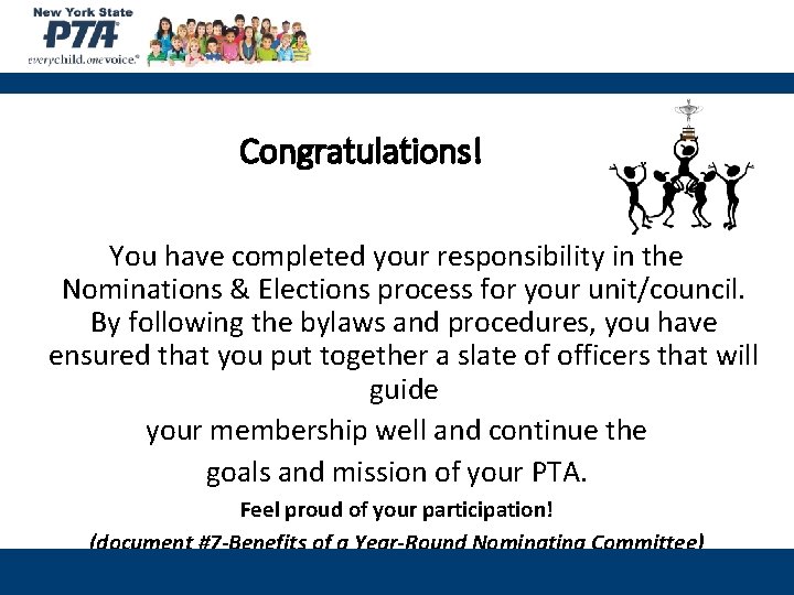 Congratulations! You have completed your responsibility in the Nominations & Elections process for your