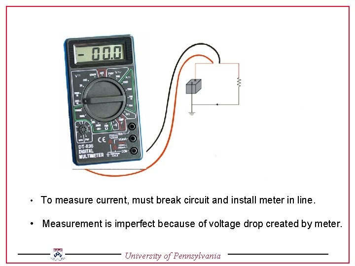  • To measure current, must break circuit and install meter in line. •