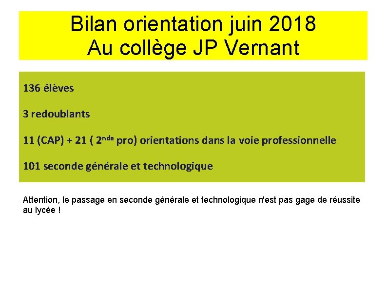 Bilan orientation juin 2018 Au collège JP Vernant 136 élèves 3 redoublants 11 (CAP)