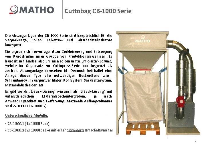 Cuttobag CB-1000 Serie Die Absauganlagen der CB-1000 Serie sind hauptsächlich für die Verpackungs-, Folien-,