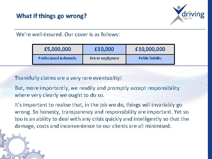 What if things go wrong? We’re well-insured. Our cover is as follows: £ 5,