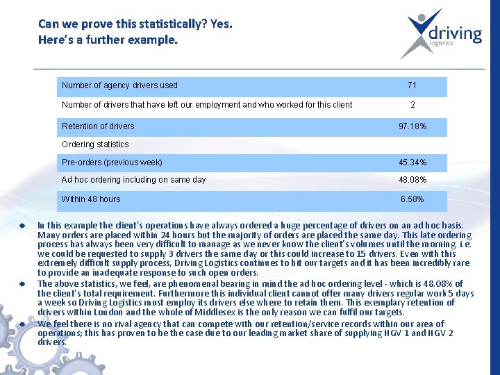 Can we prove this statistically? Yes. Here’s a further example. Number of agency drivers