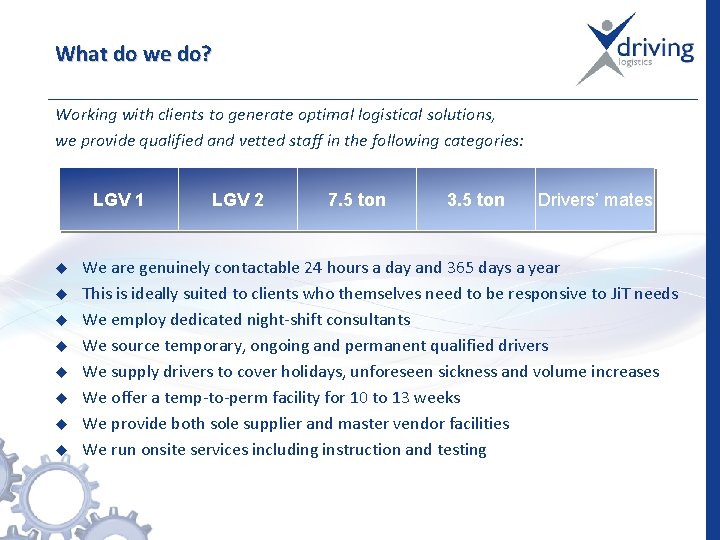 What do we do? Working with clients to generate optimal logistical solutions, we provide