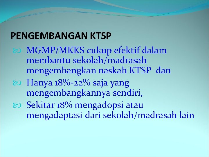 PENGEMBANGAN KTSP MGMP/MKKS cukup efektif dalam membantu sekolah/madrasah mengembangkan naskah KTSP dan Hanya 18%-22%
