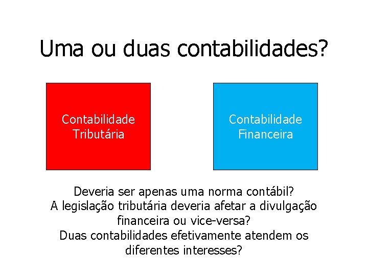 Uma ou duas contabilidades? Contabilidade Tributária Contabilidade Financeira Deveria ser apenas uma norma contábil?