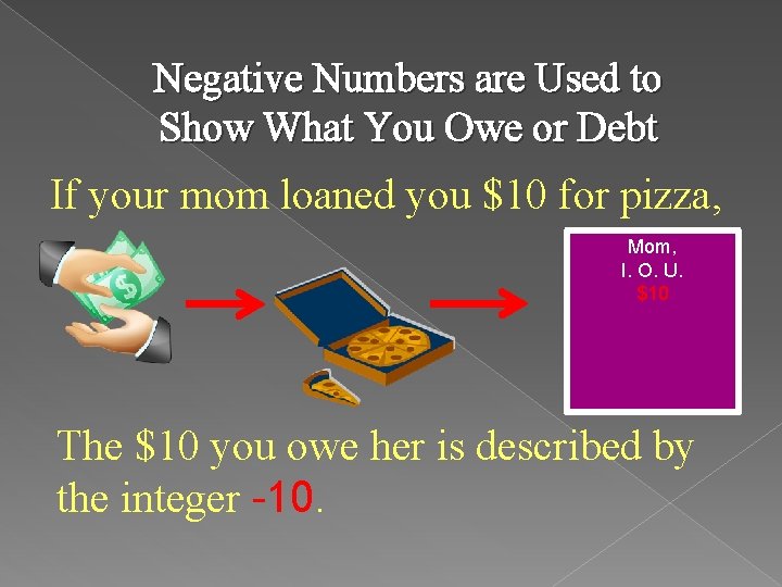 Negative Numbers are Used to Show What You Owe or Debt If your mom