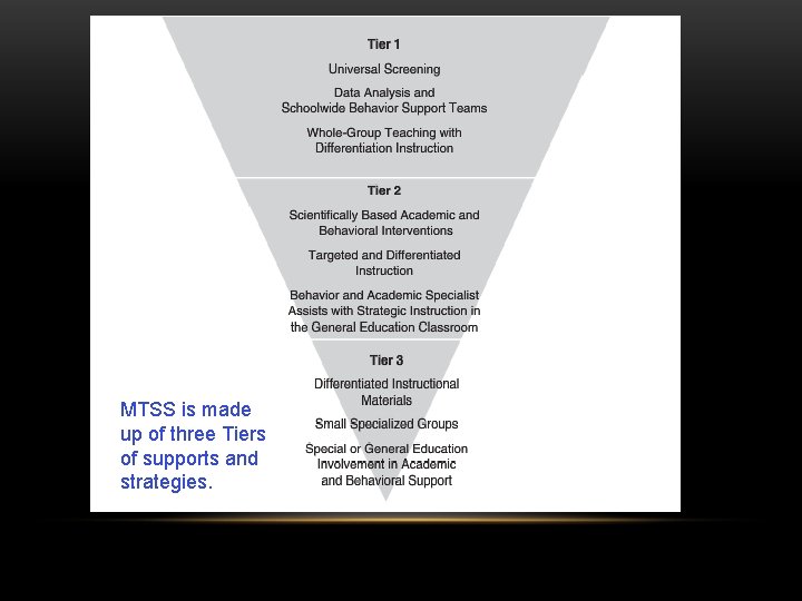 MTSS is made up of three Tiers of supports and strategies. 