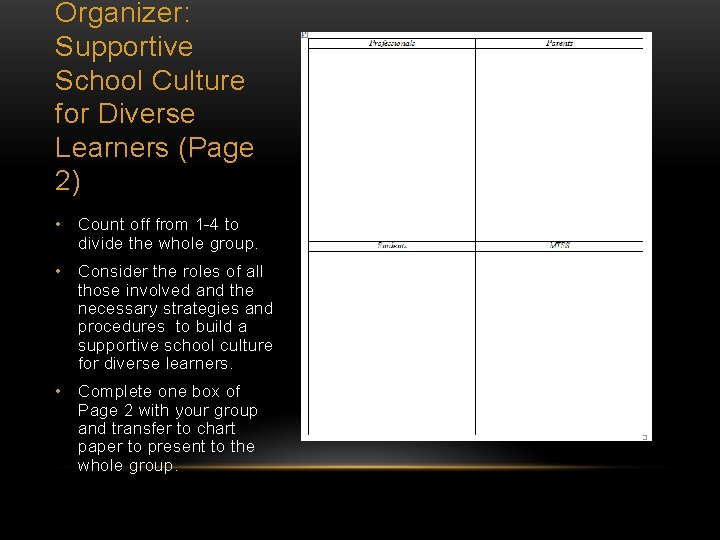 Organizer: Supportive School Culture for Diverse Learners (Page 2) • Count off from 1