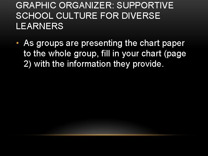 GRAPHIC ORGANIZER: SUPPORTIVE SCHOOL CULTURE FOR DIVERSE LEARNERS • As groups are presenting the