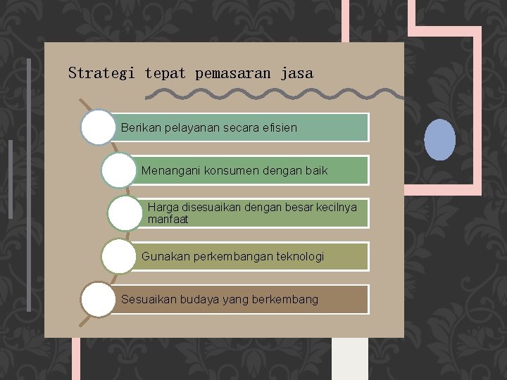 Strategi tepat pemasaran jasa Berikan pelayanan secara efisien Menangani konsumen dengan baik Harga disesuaikan