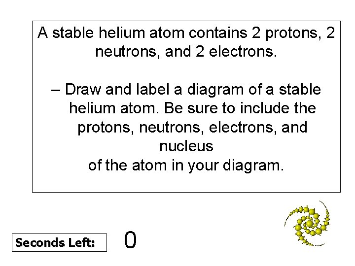 A stable helium atom contains 2 protons, 2 neutrons, and 2 electrons. – Draw