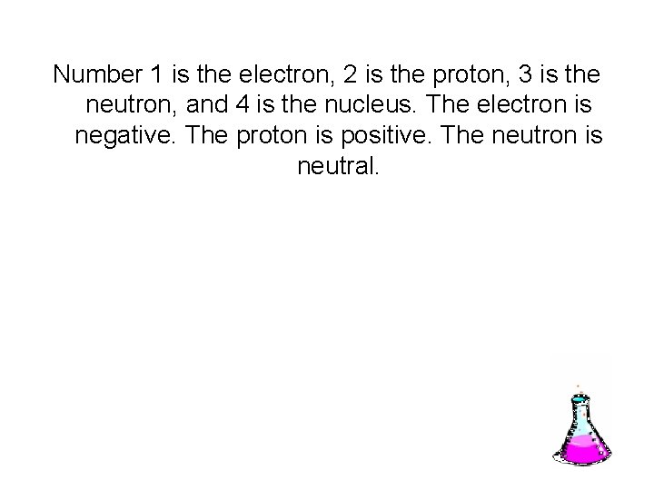 Number 1 is the electron, 2 is the proton, 3 is the neutron, and