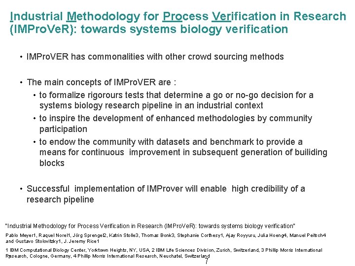 Industrial Methodology for Process Verification in Research (IMPro. Ve. R): towards systems biology verification