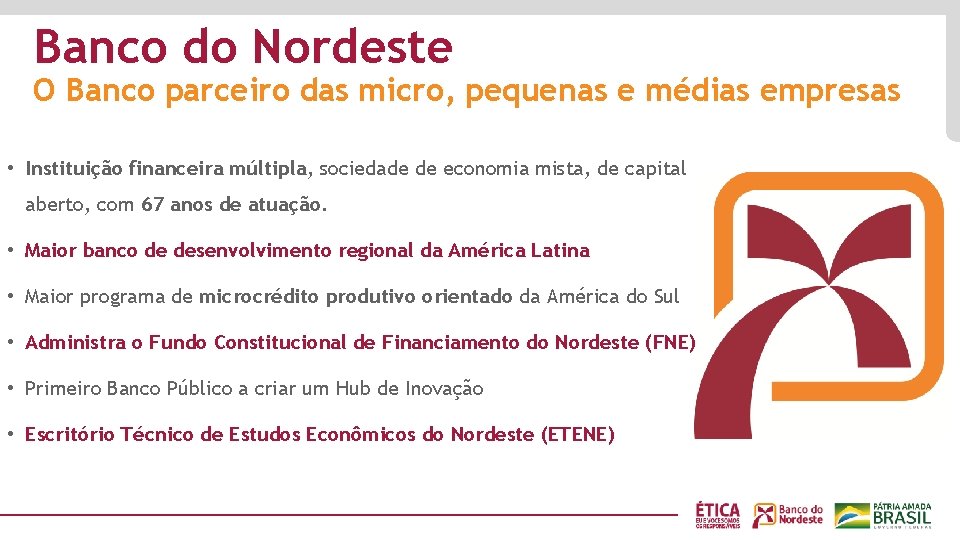 Banco do Nordeste O Banco parceiro das micro, pequenas e médias empresas • Instituição