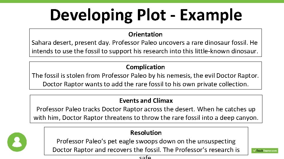 Developing Plot - Example Orientation Sahara desert, present day. Professor Paleo uncovers a rare
