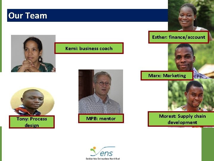 Our Team Esther: finance/account Kemi: business coach Marx: Marketing Tony: Process design MPB: mentor