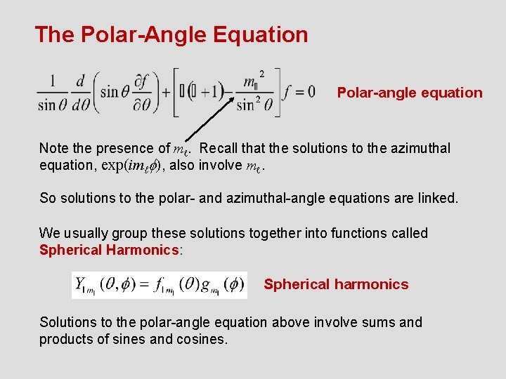The Polar-Angle Equation Polar-angle equation Note the presence of mℓ. Recall that the solutions