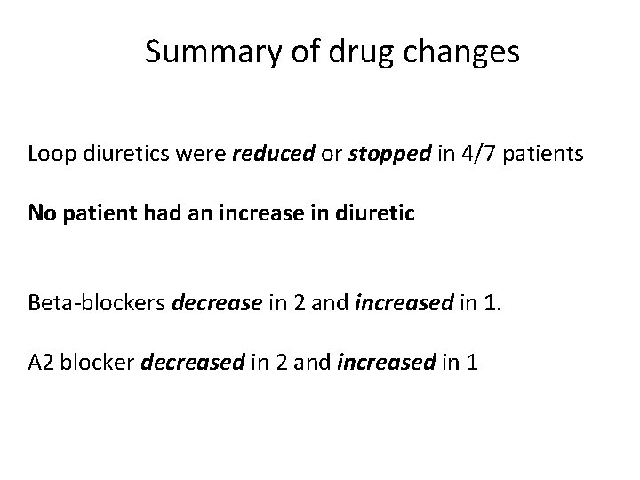 Summary of drug changes Loop diuretics were reduced or stopped in 4/7 patients No