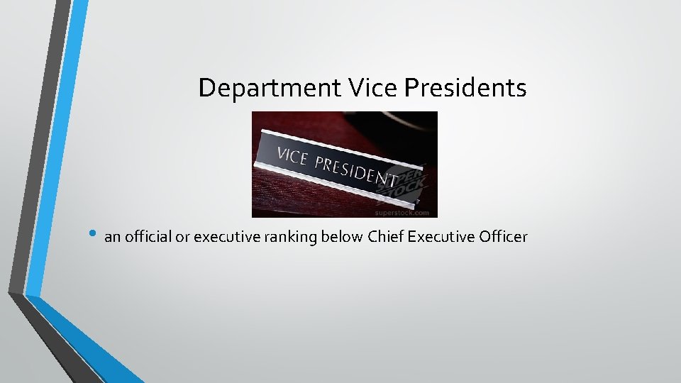 Department Vice Presidents • an official or executive ranking below Chief Executive Officer 