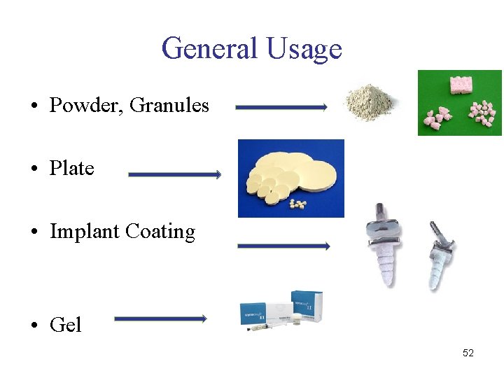 General Usage • Powder, Granules • Plate • Implant Coating • Gel 52 