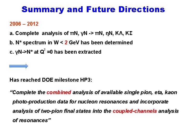 Summary and Future Directions 2006 – 2012 a. Complete analysis of πΝ, γΝ ->