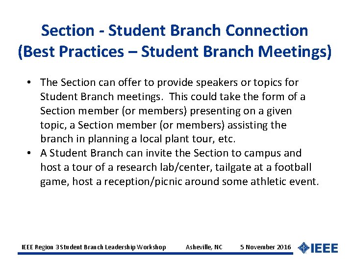 Section - Student Branch Connection (Best Practices – Student Branch Meetings) • The Section