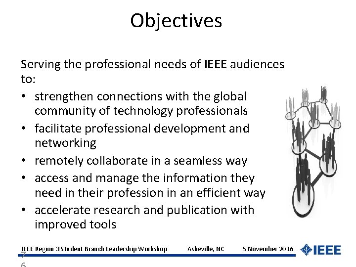 Objectives Serving the professional needs of IEEE audiences to: • strengthen connections with the