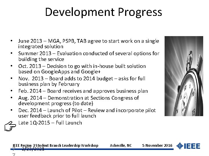 Development Progress • June 2013 – MGA, PSPB, TAB agree to start work on