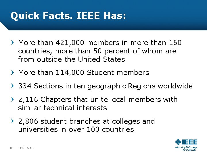 Quick Facts. IEEE Has: More than 421, 000 members in more than 160 countries,